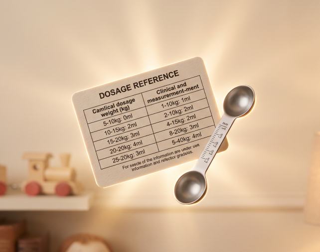 Tabela de dose por peso ao lado de colheres dosadoras