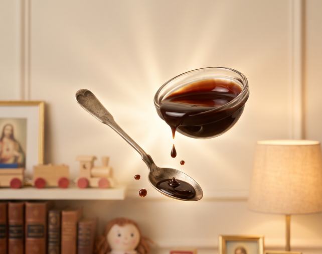 Colher e taça com calda escura de cacau